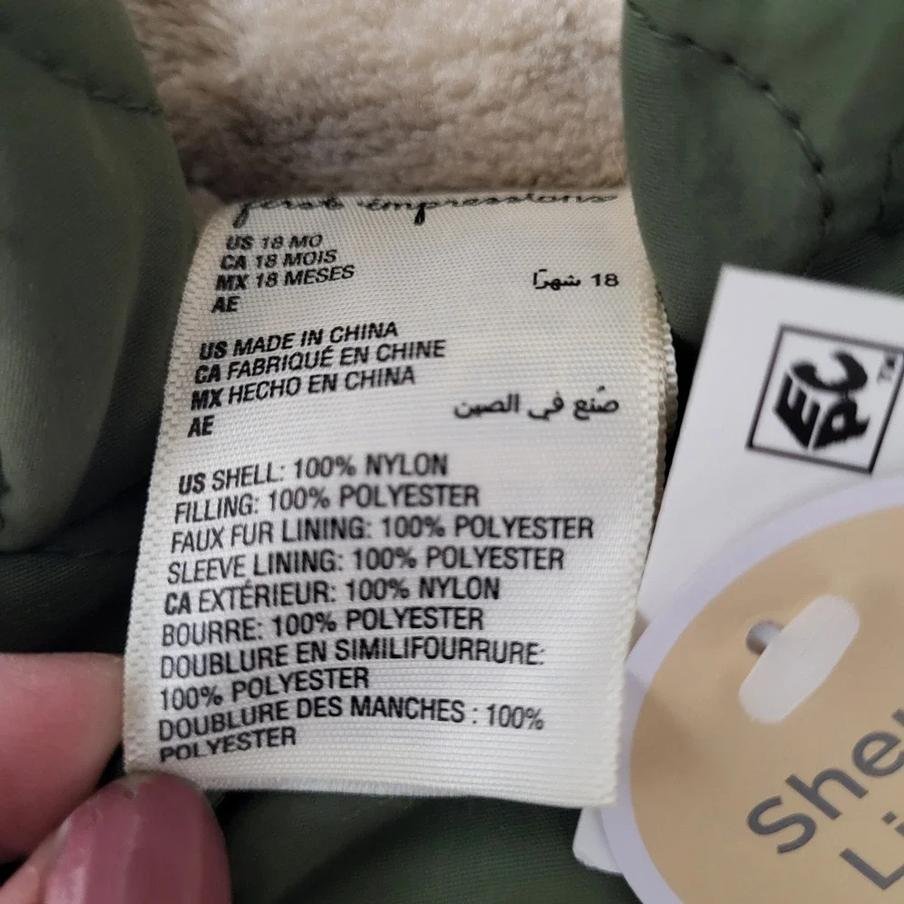 First Impressions 18 months Quilted Sherpa Lined Snowsuit Hooded Olive Green NWT